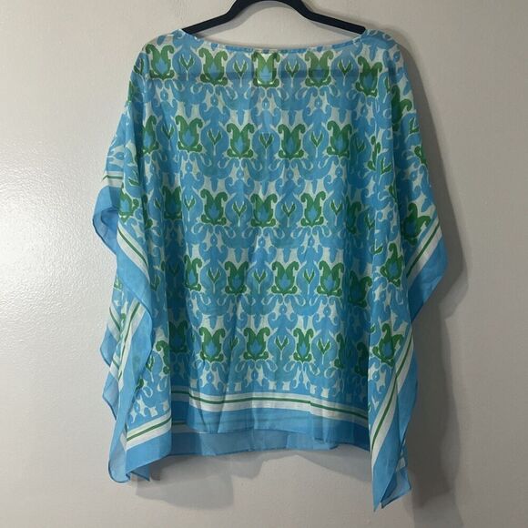 TALBOTS Kimono Shawl Blouse Size Large Blue Green NEW Summer Cotton Silk Coastal - Picture 3 of 6